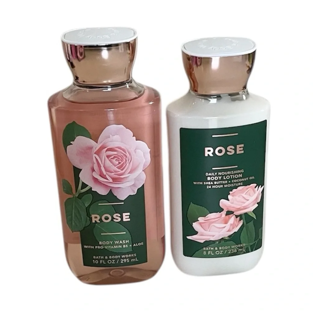 Bath & Body Works Rose Body Wash & Lotion Full Size Set with Tote Bag